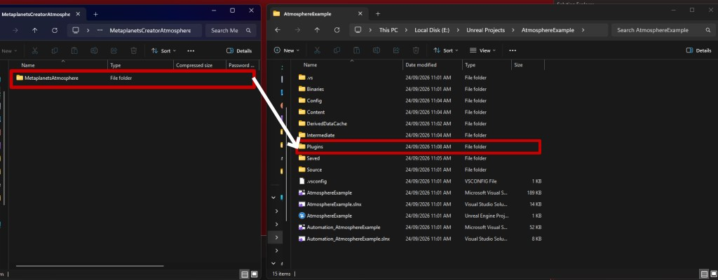 Copy the MetaplanetsAtmosphere folder into the project's Plugins folder