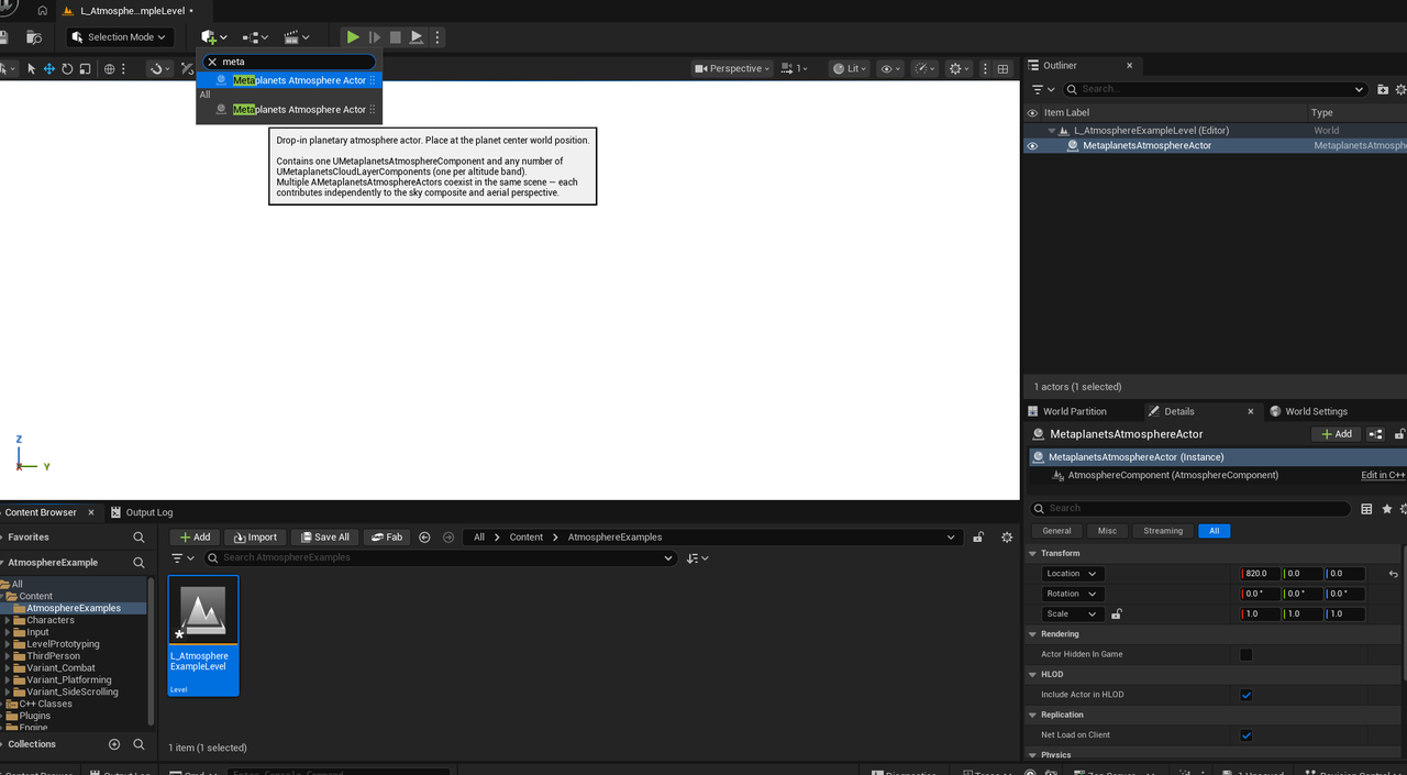 Adding a Metaplanets Atmosphere Actor via Place Actors