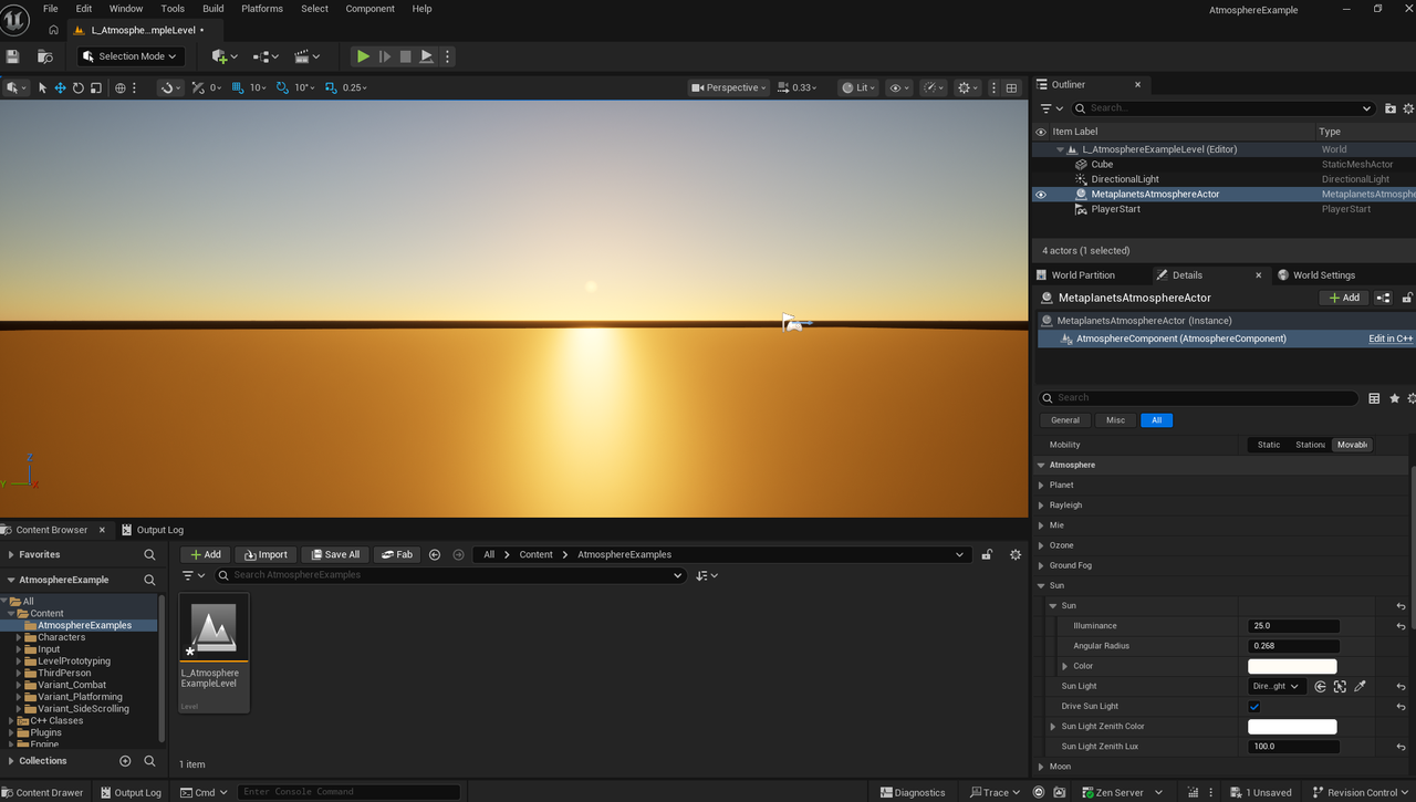 Sun settings in the AtmosphereComponent details panel